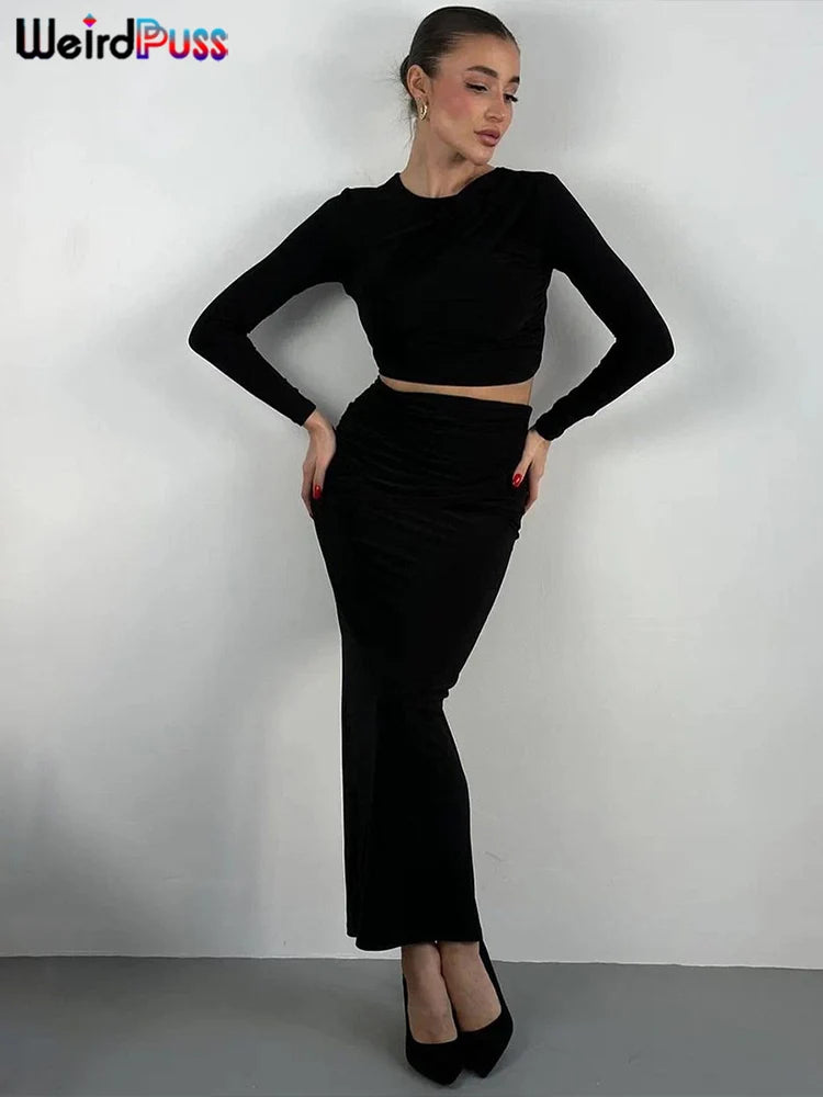 Weird Puss Pleats Casual 2 Piece Set Women O-Neck Full Sleeve Crop Tops+Simple Skinny Long Skirts Matching Elegant Trend Suit