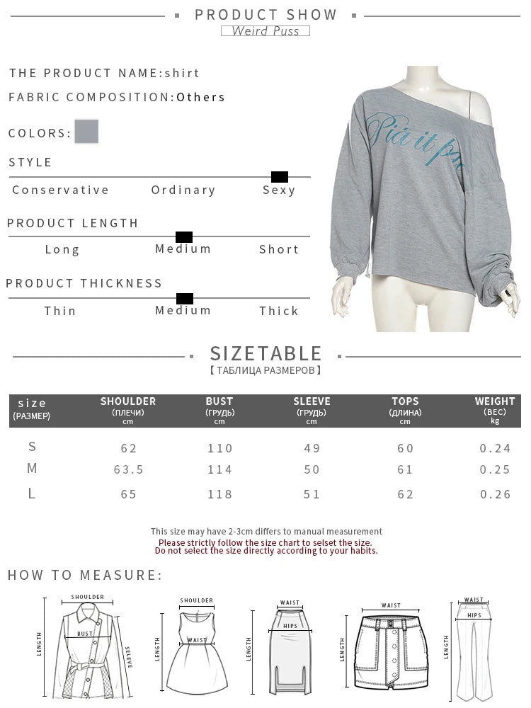 Weird Puss Letter Print Pullover Women Irregular Skew Collar Casual Long Sleeve Autumn Simple Trend Stretch T-Shirt Streetwear