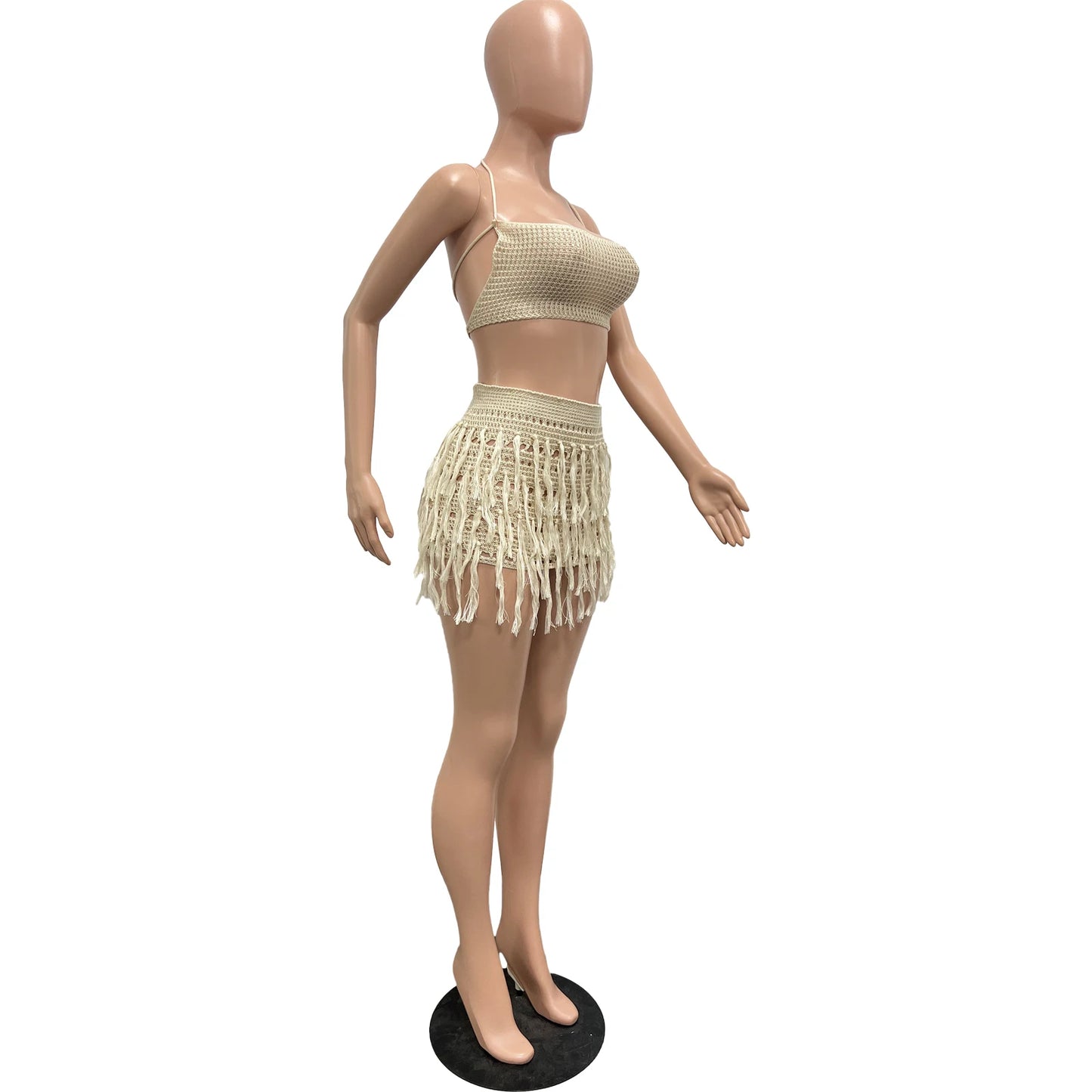 Weird Puss Knit 2 Piece Sets Woman Summer Sexy Backless Bandage Halter Camisole+Tassel Skirts Party Skinny Matching Clubwear