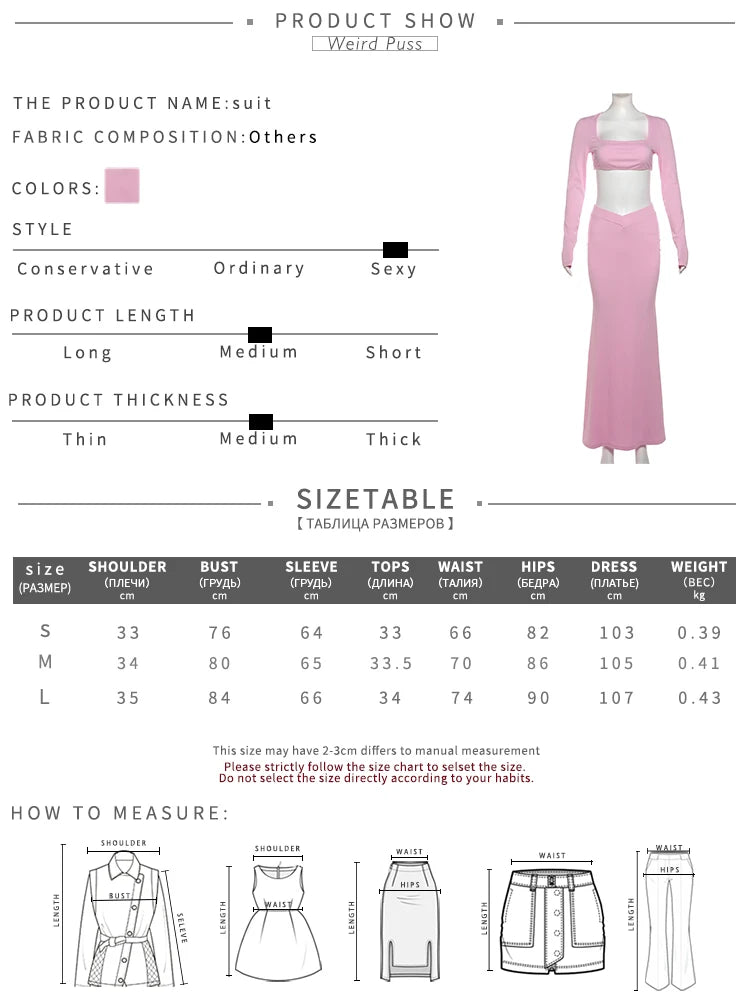 Weird Puss Ribbed Women 2 Piece Set Square Collar Backless Full Sleeve Crop Tops+Elastic Waist Solid Long Skirts Elegant Suit