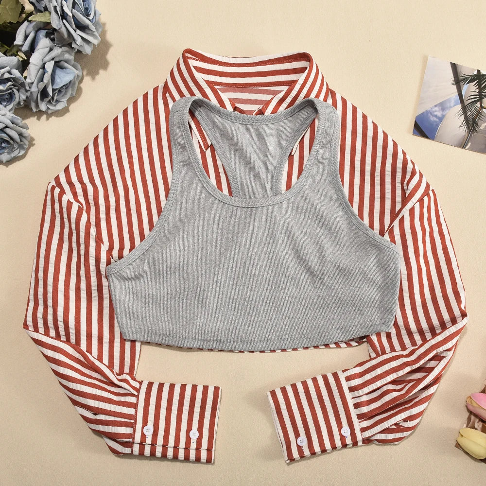 Weird Puss Red Stripe Blouse+Ribbon Tank Tops Women Hipster Fall Trend Wild Casual Streetwear Simple Basic Single-Breasted Shirt