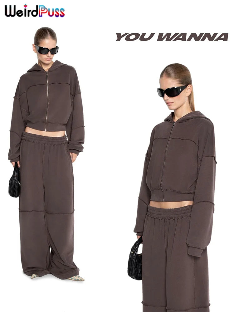 Weird Puss Casual Tracksuit Women 2 Piece Set Panelled Stripes Sporty Simple Hipster Hooded Zip Jacket+Wide Pants Matching Suits