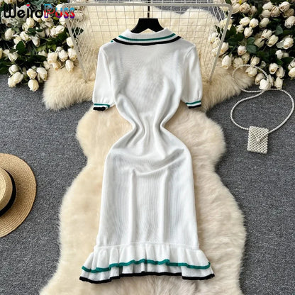 Girls Of Fashion Contrast Stripe Dress Women Knitted Polo-Neck Short Sleeve Ruffles Stretch Hem  Casual Trend Streetwear Mini Bodycon //