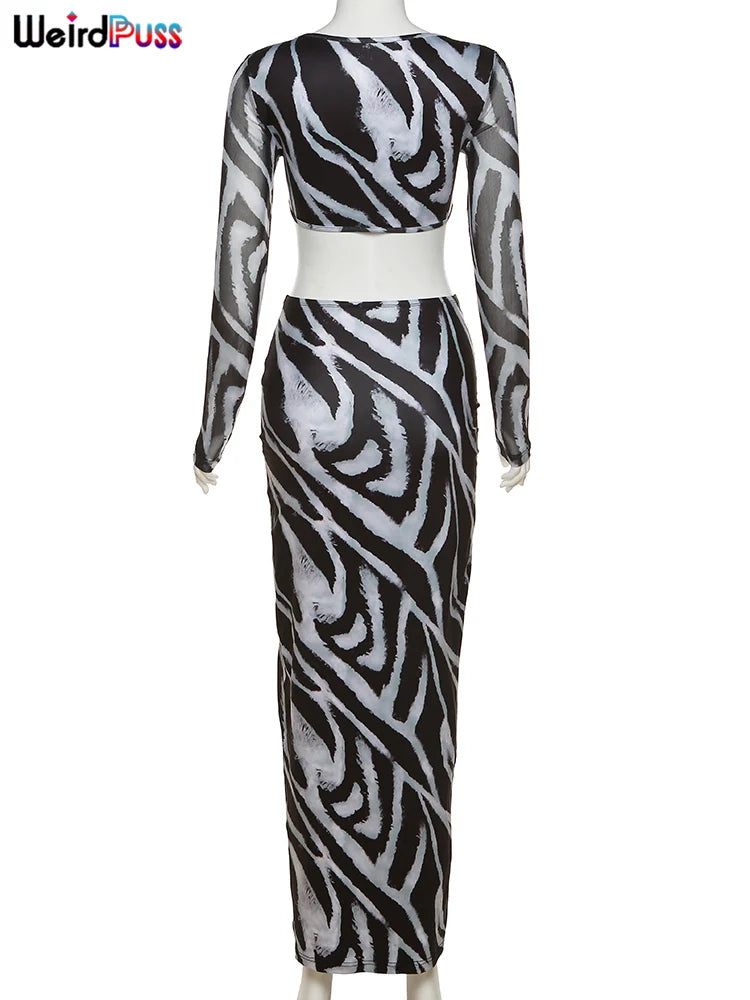 Weird Puss Zebra Print 2 Piece Set Long Sleeve Elegant Fashion Cut Crop Top+Maxi Skirts Matching Slim Coquette Clubwear Outfits