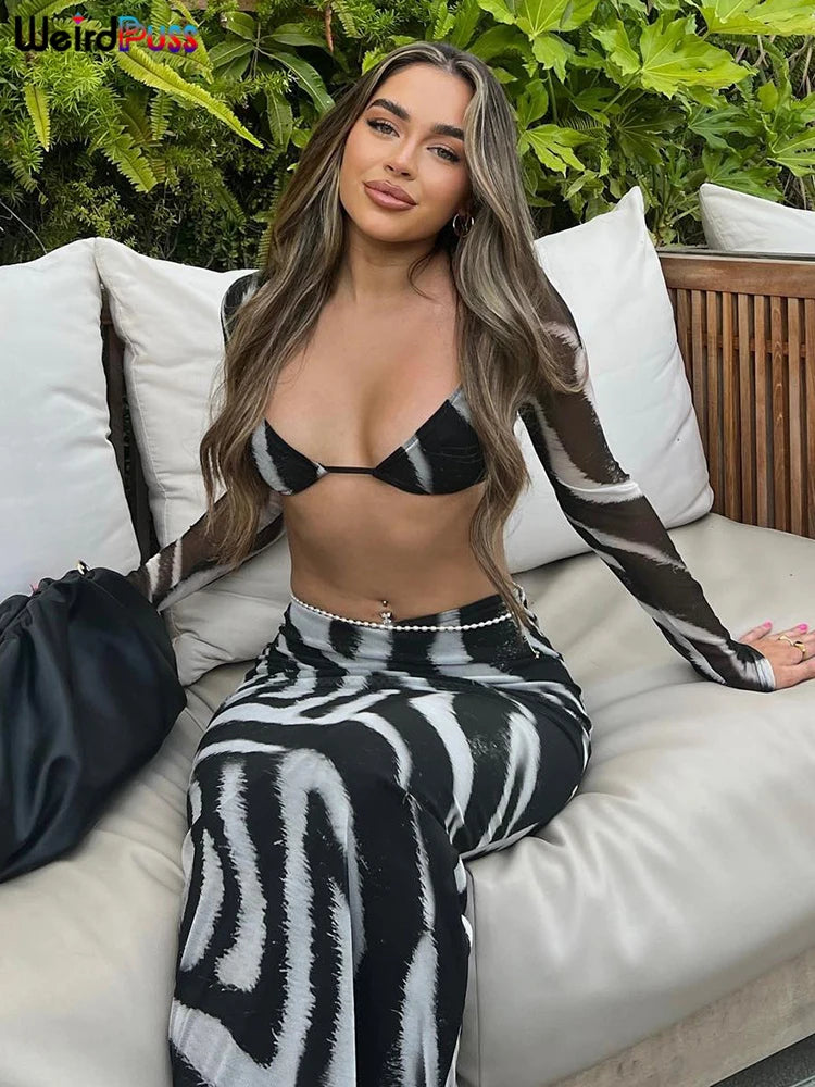 Weird Puss Zebra Print 2 Piece Set Long Sleeve Elegant Fashion Cut Crop Top+Maxi Skirts Matching Slim Coquette Clubwear Outfits