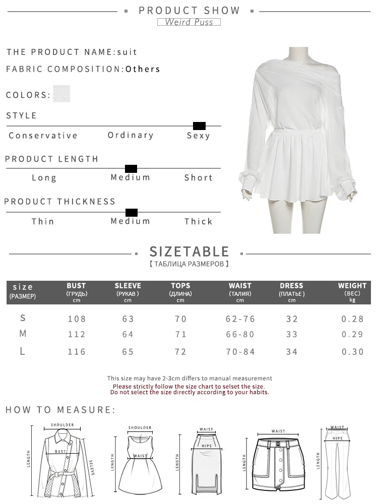 Weird Puss See Through Sexy 2 Piece Set Women Elegant Basic Skew Collar Crop Top+Pleated Skirts Matching Autumn Trend Clubwear