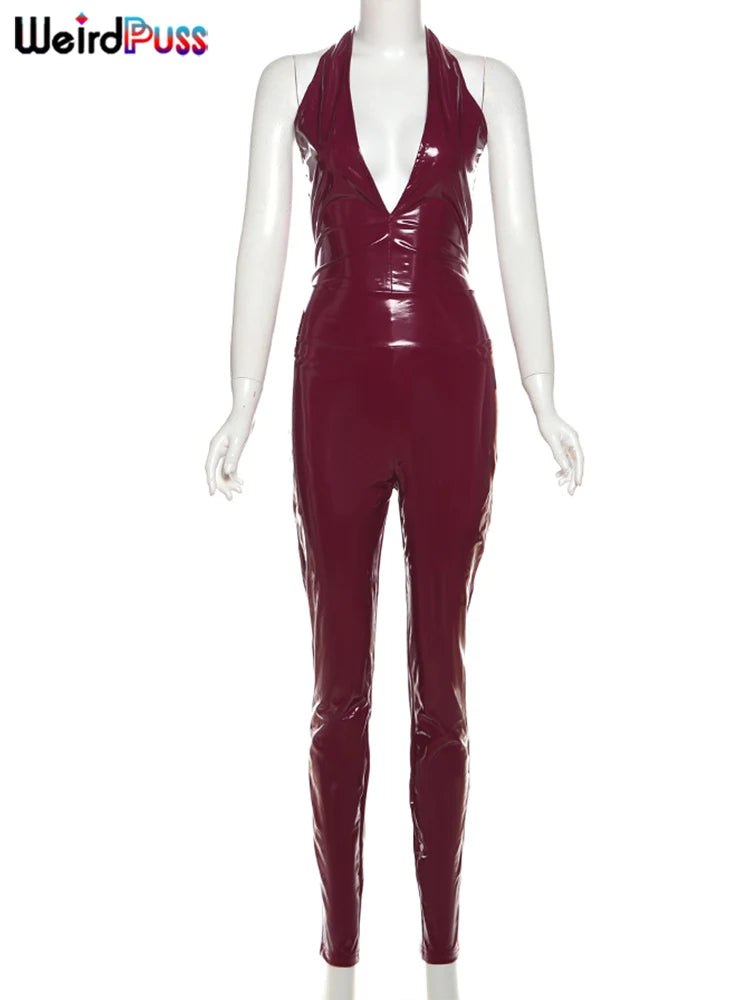 Weird Puss Faux Leather 2 Piece Set Women Sexy Low-Neck Halter Sleeveless Bodysuit+Zipper Waist Stretch Pant Clubwear Trend Suit %