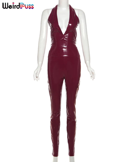 Weird Puss Faux Leather 2 Piece Set Women Sexy Low-Neck Halter Sleeveless Bodysuit+Zipper Waist Stretch Pant Clubwear Trend Suit %