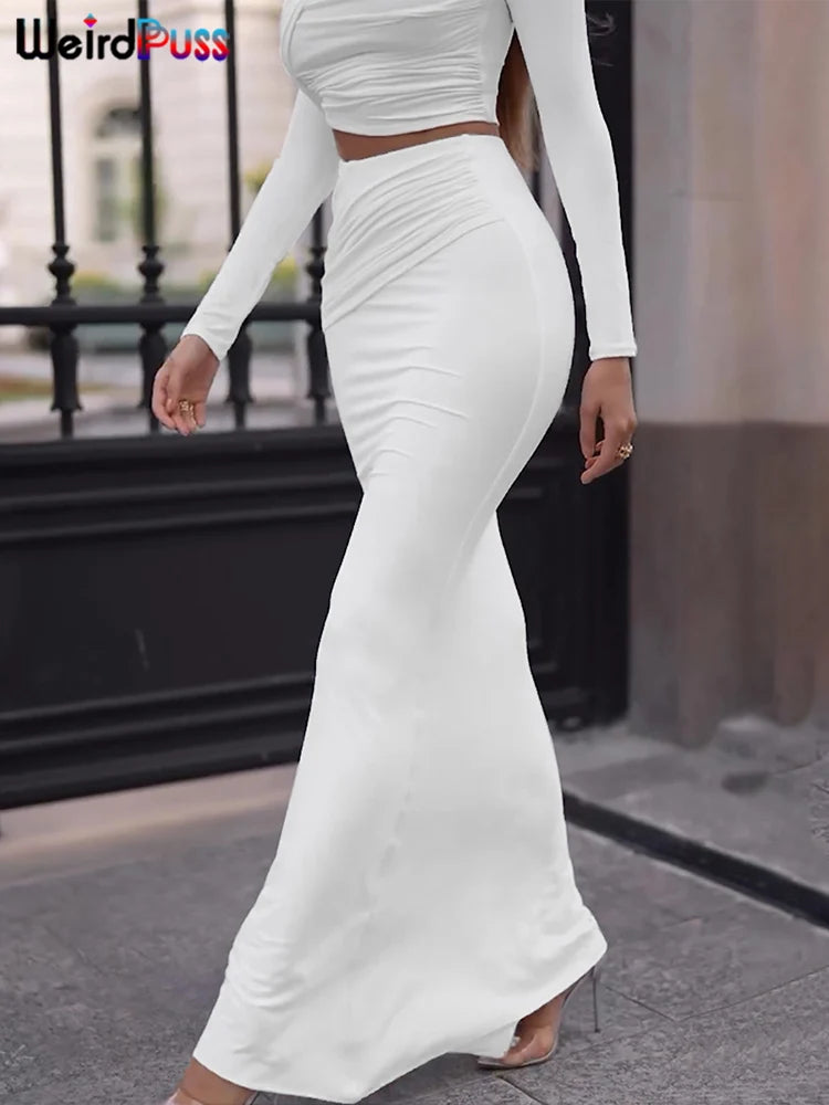 Weird Puss Pleats Casual 2 Piece Set Women O-Neck Full Sleeve Crop Tops+Simple Skinny Long Skirts Matching Elegant Trend Suit