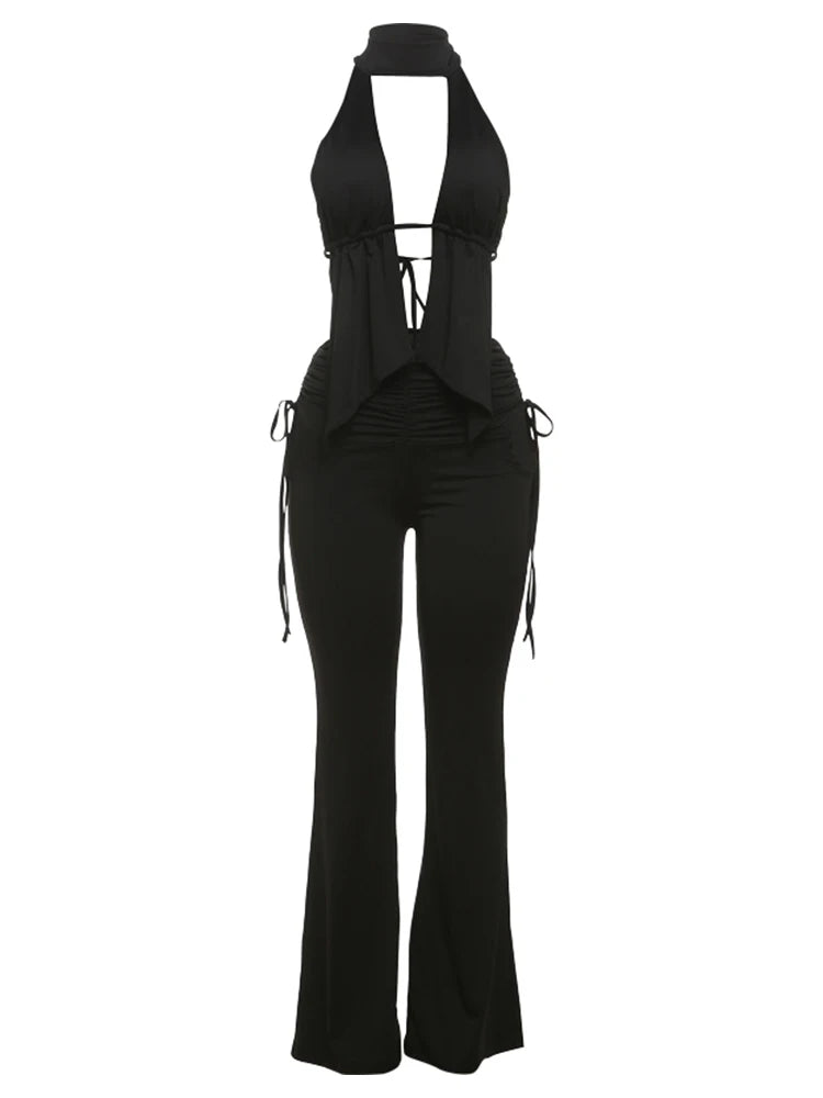 Weird Puss Sexy Women 2Piece Set Y2K Bandage Ruched Halter Backless Camisole+Side Hollow Flare Pants Midnight Club Matching Suit D4