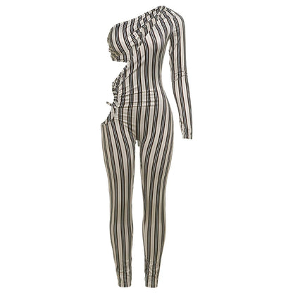 Weird Puss Sexy Hollow Jumpsuit Women Ruched Irregular Hipster Club Stripe Print Full Sleeve Midnight Activity Workout Overalls %