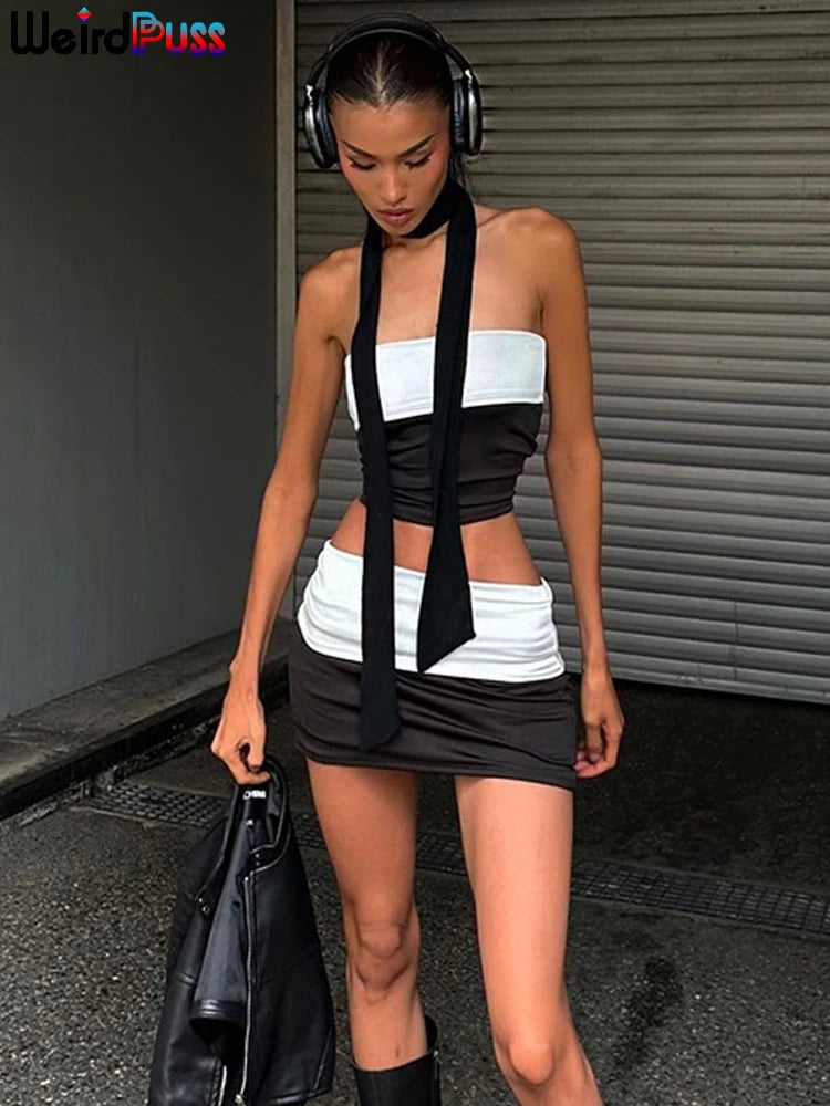 Girls Of Fashion Patchwork Black White 2 Piece Set Women Elegant Sexy Strapless Tops+Mini Skirts Matching Hot Girls Streetwear Outfits