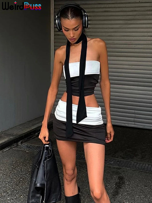 Weird Puss Patchwork Black White 2 Piece Set Women Elegant Sexy Strapless Tops+Mini Skirts Matching Hot Girls Streetwear Outfits