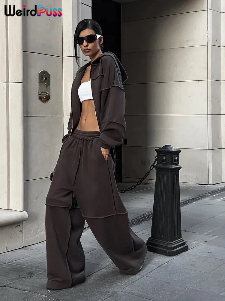 Weird Puss Casual Tracksuit Women 2 Piece Set Panelled Stripes Sporty Simple Hipster Hooded Zip Jacket+Wide Pants Matching Suits