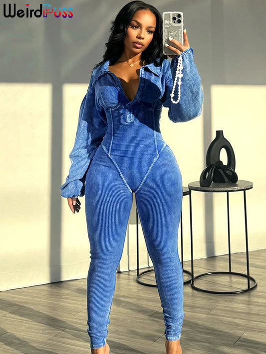 Weird Puss Washed Distressed Jumpsuit Women Ribbed V-Neck Solid SKinny Long Sleeve Fall Casual Trend Simple Activity Streetwear