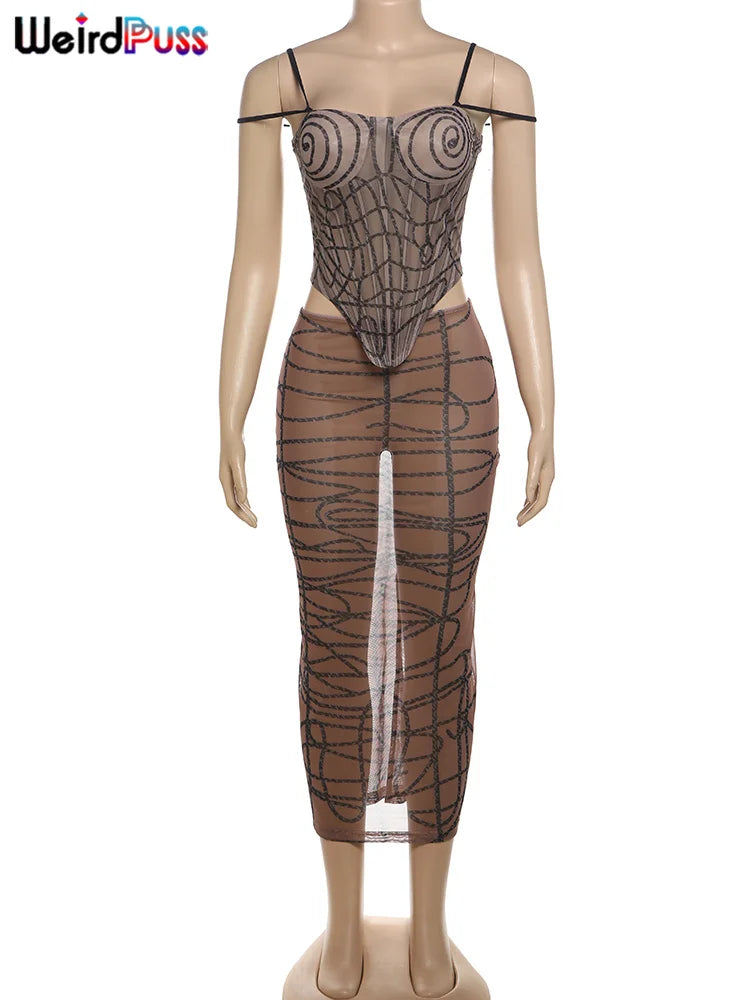 Weird Puss See Through Sexy 2 Piece Set Women Coquette Stripe Print Camisole+Long Skirts Midnight Clubwear Party Matching Suits