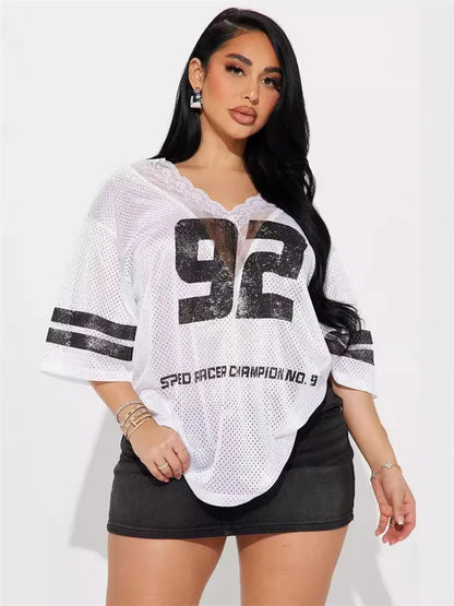 Girls Of Fashion Number Print Jersey Tops Women Mesh Patchwork V-Neck Sporty Half-Sleeve Summer Trend Casual Simple Stretch Streetwear  //