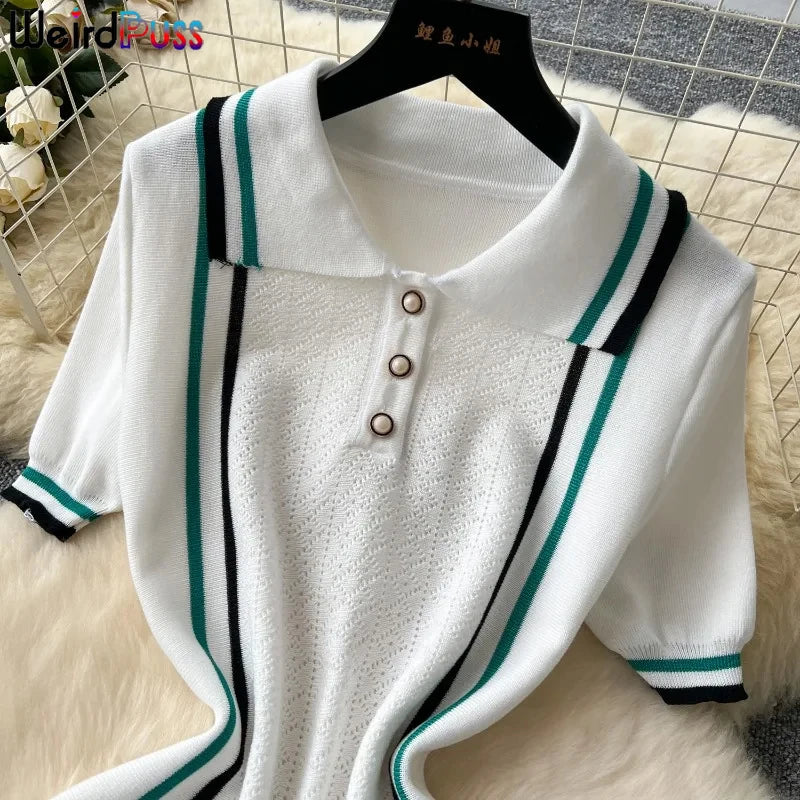 Girls Of Fashion Contrast Stripe Dress Women Knitted Polo-Neck Short Sleeve Ruffles Stretch Hem  Casual Trend Streetwear Mini Bodycon //