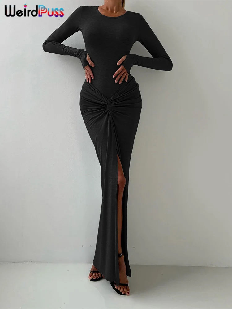 Weird Puss Elegant Simple Women 2 Piece Set Autumn Solid Elastic Bodysuit Tops+Peach Buttocks Wrapped Long Skirts Matching Suits