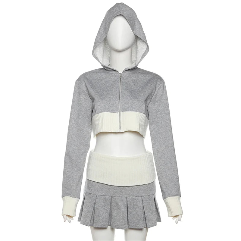 Girls Of Fashion Contrast Patchwork 2 Piece Set Women Hooded Zipper Long Sleeve Crop Coats+Pleats Skinny Mini Skirts Street Trend Suit