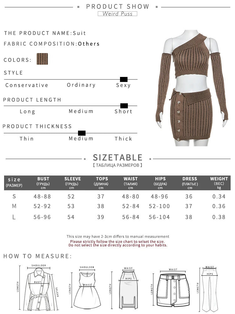 Weird Puss Knit Stripe 2 Piece Set Women Skew Collar Lapel Tank Tops+Glove+Button Chic Skirts Matching Streetwear Slim Outfits