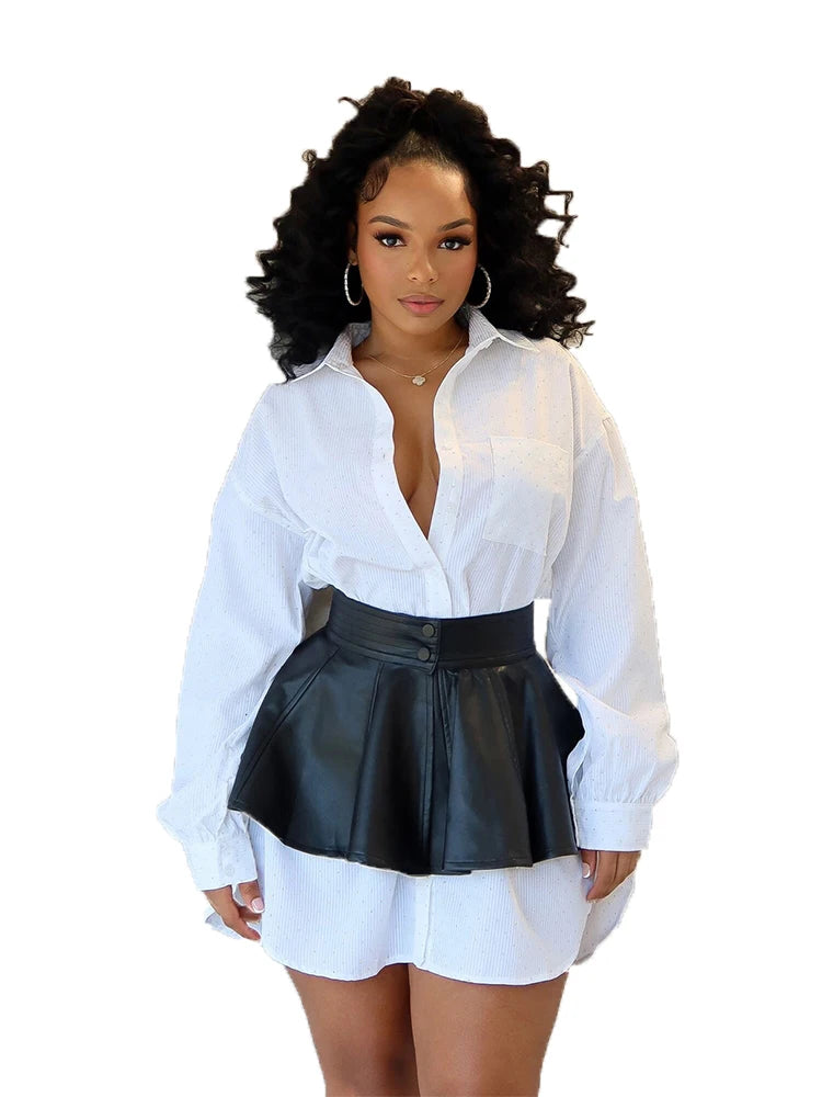 Girls Of Fashion Contrast Casual 2 Piece Set Women Rhinestones Single-Breasted Puff Sleeve Shirt+High-Waisted Leather Mini Skirts Suit