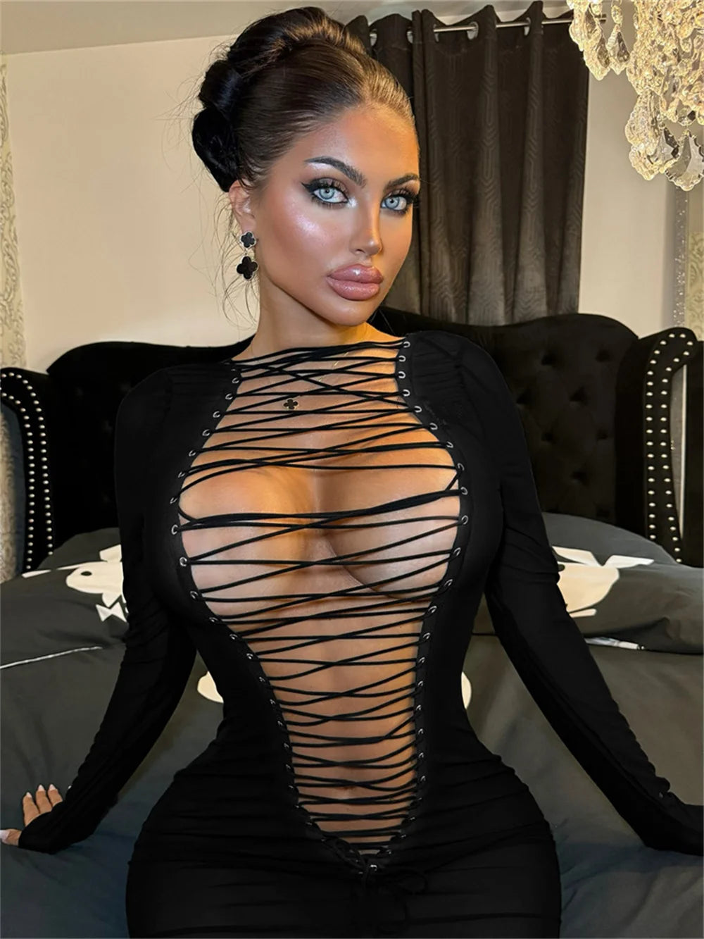 Girls Of Fashion Hollow Shirring Sexy Dress Women Hipster Full Sleeve Coquette Midnight Party Clubwear Stretch Skinny Mini Bodycon //