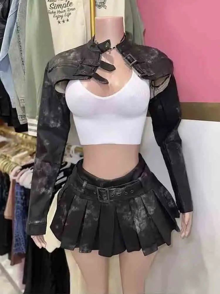 Weird Puss Punk Gothic 2 Piece Set Women 2025 Spring Fashion Button Crop Jacket+Pleated Skirt Matching Streetwear Hipster Suits D4