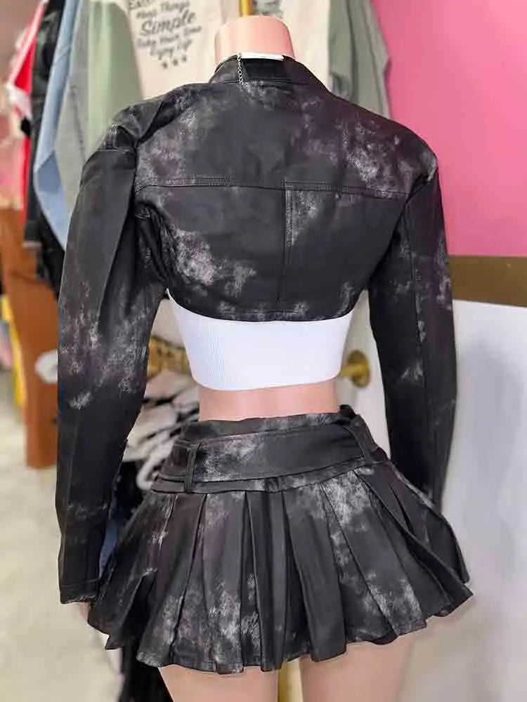 Weird Puss Punk Gothic 2 Piece Set Women 2025 Spring Fashion Button Crop Jacket+Pleated Skirt Matching Streetwear Hipster Suits D4