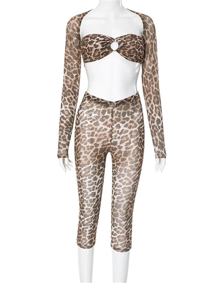 Weird Puss Leopard Print Women 3 Piece Set Thin Full Sleeve Shawl+Bandage Hollow Bra+Elastic Waist Pants Street Trend Wild Suit %