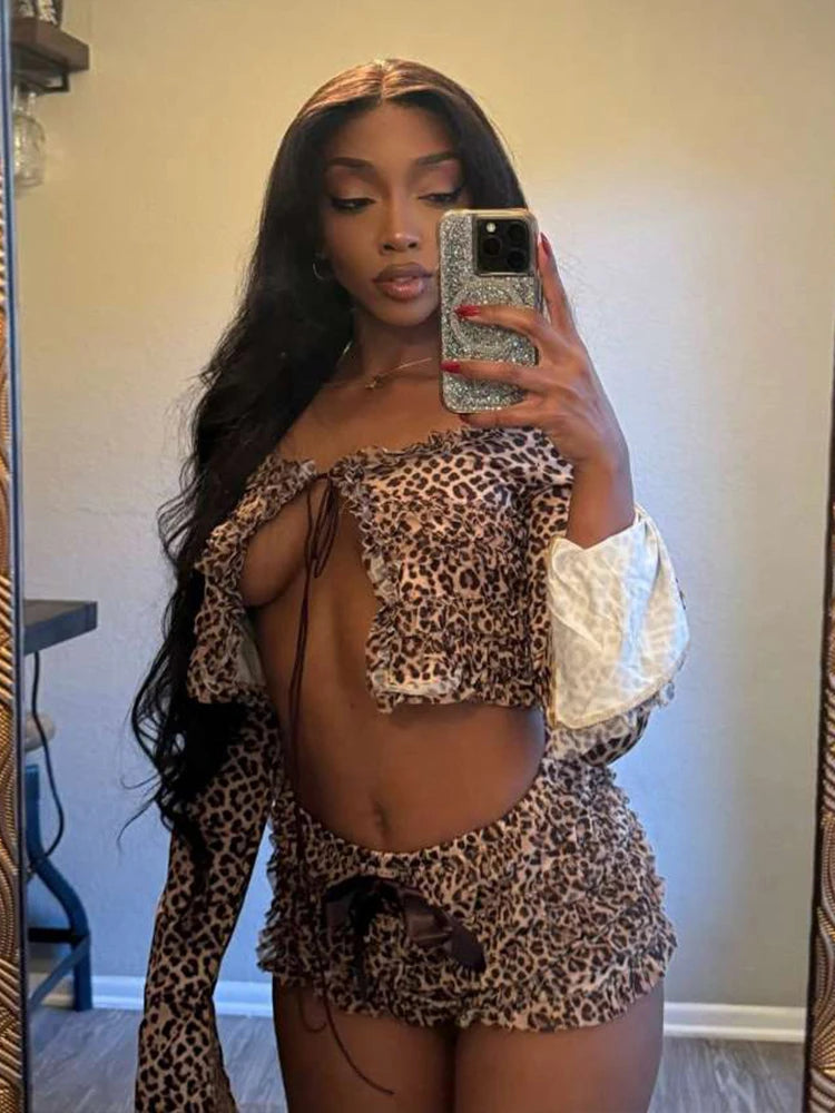 Weird Puss Leopard Print Sexy 2 Piece Set Women Elegant Lace Up Slash Neck Crop Tops+Elastic Shorts Matching Streetwear Outfits D4