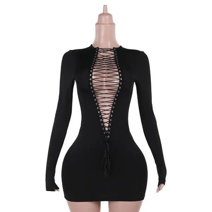 Girls Of Fashion Hollow Shirring Sexy Dress Women Hipster Full Sleeve Coquette Midnight Party Clubwear Stretch Skinny Mini Bodycon //