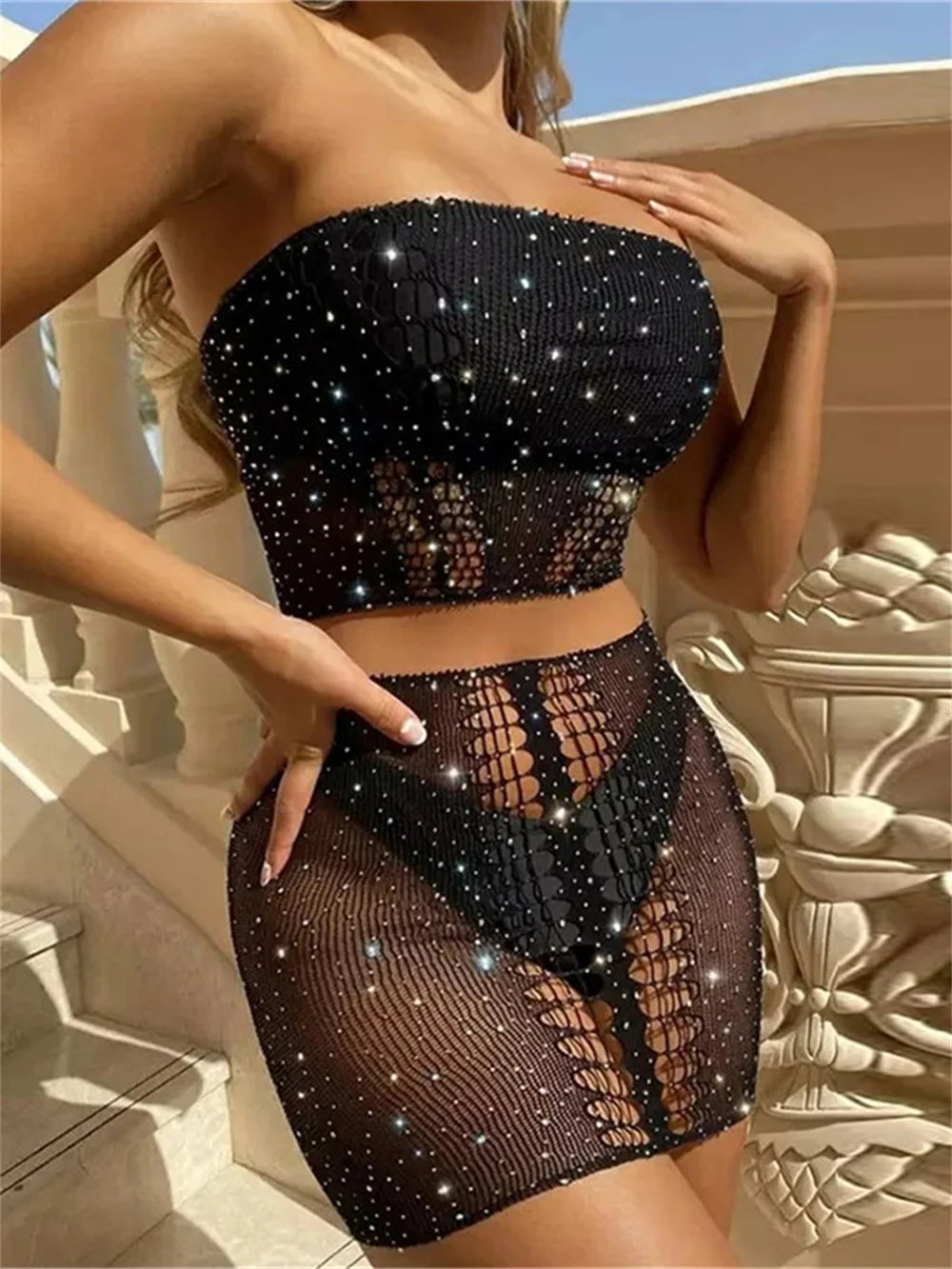 Weird Puss Sexy Summer Women 2 Piece Set Pearl Hollow See Through Midnight Coquette Strapless Tops+Skirts Matching Clubwear