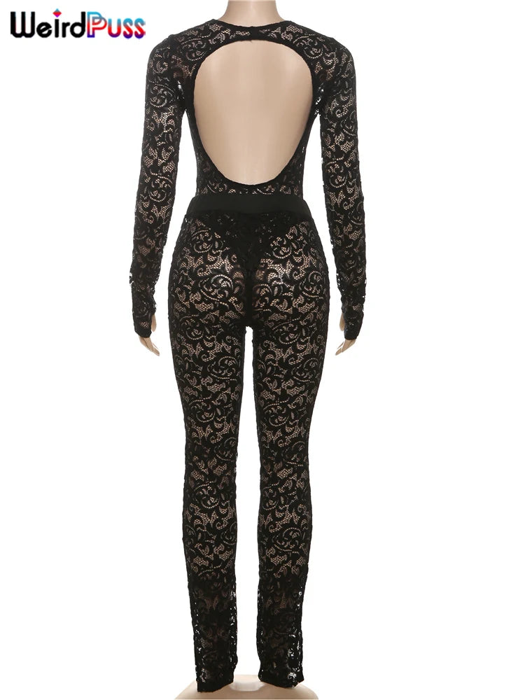 Weird Puss See Through 2 Piece Set Women Sexy  Hollow Jacquard Backless Bodysuit+Leggings Tight Activity Clubwear Skinny Outfits %